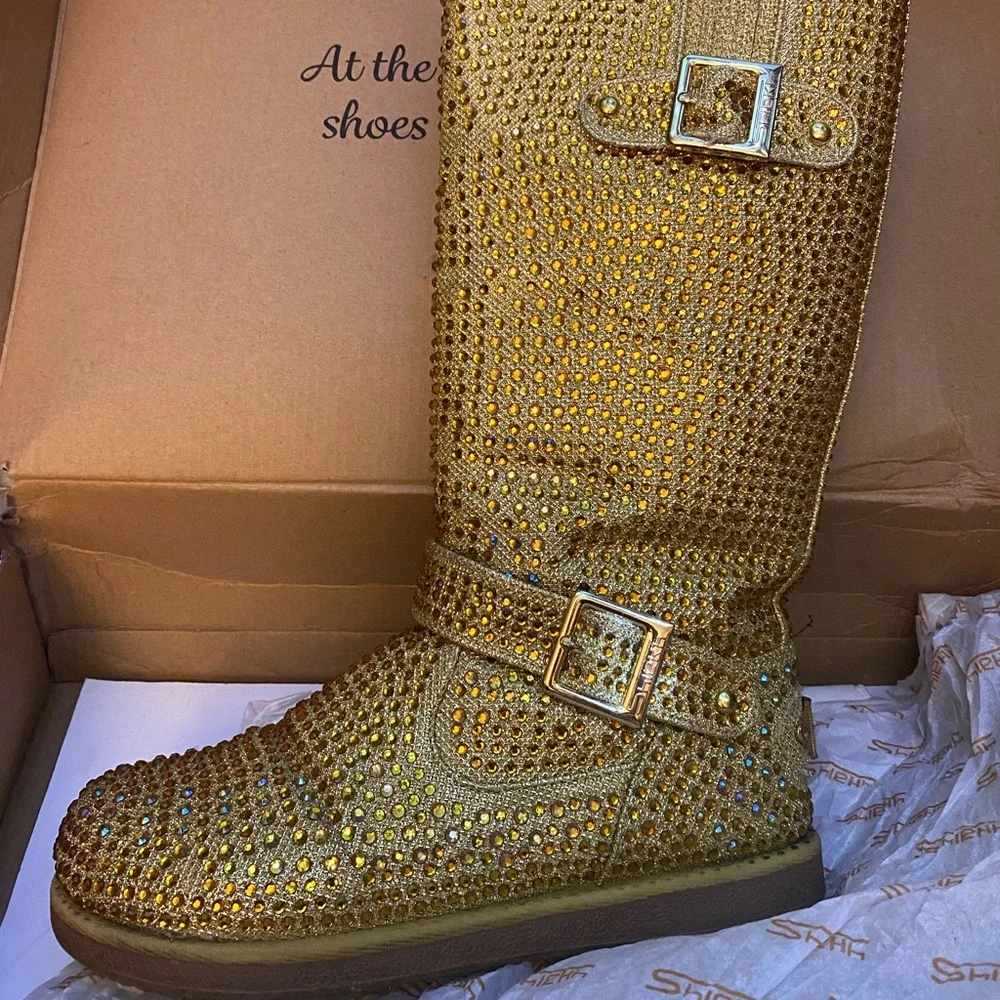 Gold Glitter Rhinestone Boots - Picture 1 of 7